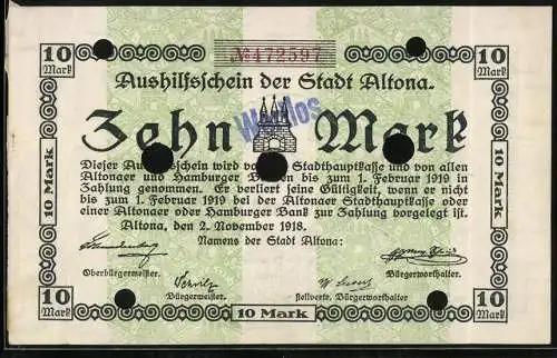 Notgeld Altona 1918, 10 Mark, Zwei Monogrammstreifen aus Wappen im Hintergrund