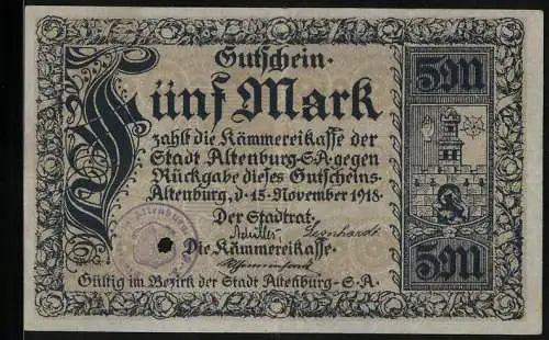 Notgeld Altenburg 1918, 5 Mark, Blick auf das Schloss