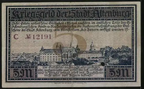 Notgeld Altenburg 1918, 5 Mark, Blick auf das Schloss
