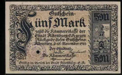 Notgeld Altenburg 1918, 5 Mark, Blick aufs Schloss