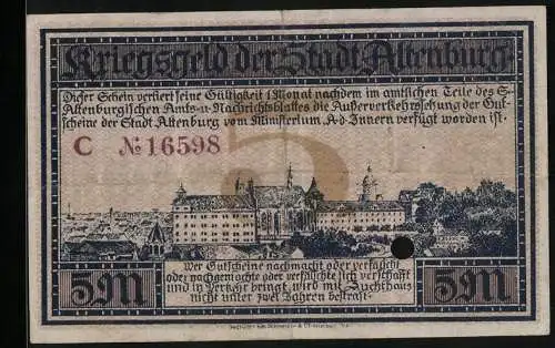 Notgeld Altenburg 1918, 5 Mark, Anblick des Schlosses