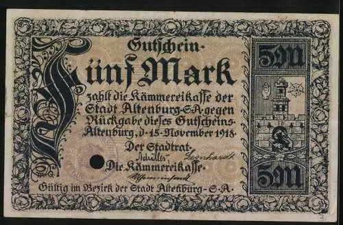 Notgeld Altenburg 1918, 5 Mark, Anblick des Schlosses