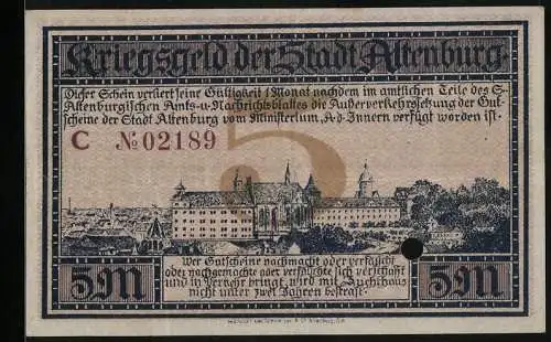 Notgeld Altenburg 1918, 5 Mark, Ortsansicht mit dem Schloss