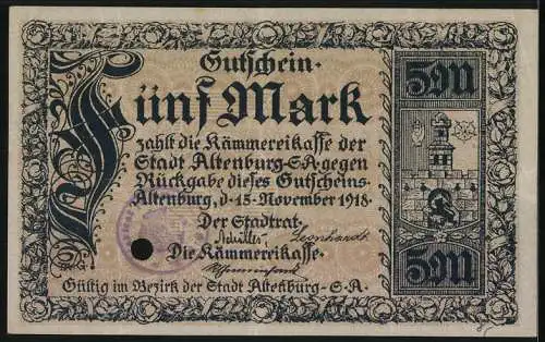 Notgeld Altenburg 1918, 5 Mark, Ortsansicht mit dem Schloss