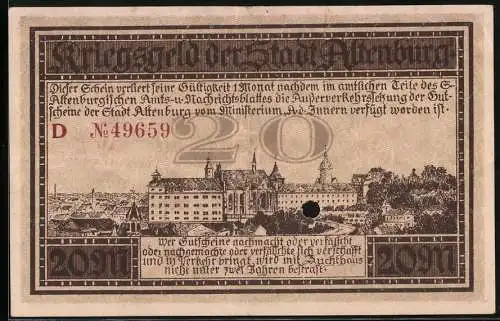 Notgeld Altenburg 1918, 20 Mark, Blick auf das Schloss