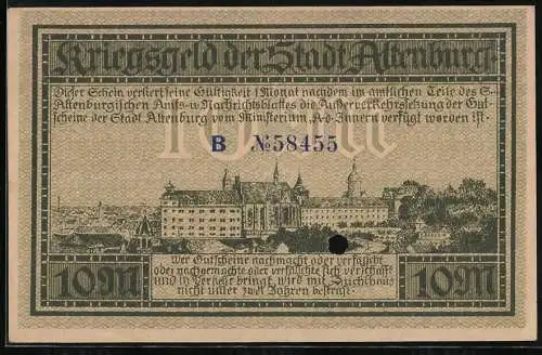 Notgeld Altenburg 1918, 10 Mark, Teilansicht mit dem Schloss