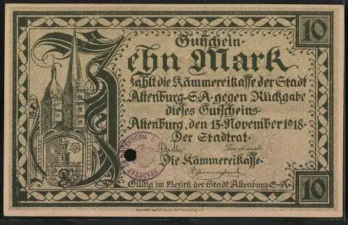 Notgeld Altenburg 1918, 10 Mark, Teilansicht mit dem Schloss