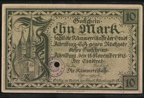 Notgeld Altenburg 1918, 10 Mark, Teilansicht mit Schloss