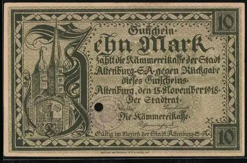 Notgeld Altenburg /S. A. 1918, 10 Mark, Ortsansicht mit dem Schloss