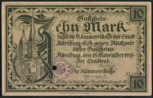 Notgeld Altenburg /S. A. 1918, 10 Mark, Ortsansicht mit dem Schloss