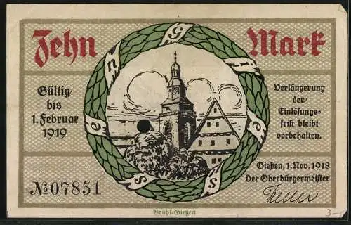 Notgeld Giessen 1918, 10 Mark, Ortspartie im Kranz