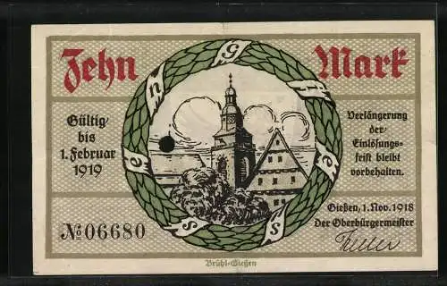 Notgeld Giessen 1918, 10 Mark, Ortspartie im Kranz und Wappen