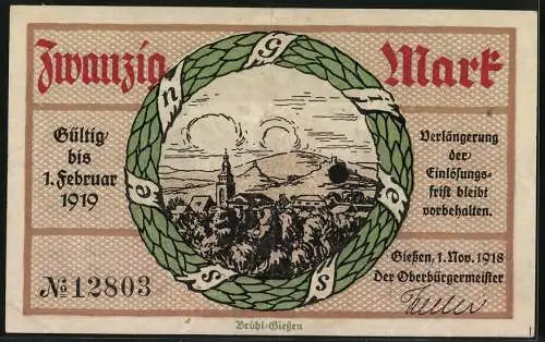 Notgeld Giessen 1918, 20 Mark, Ortsansicht gegen die Hügel