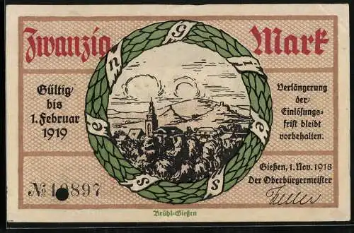 Notgeld Giessen 1918, 20 Mark, Ortsansicht gegen die Hügel, Wappen