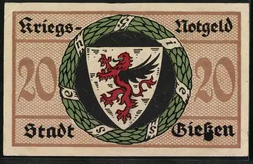 Notgeld Giessen 1918, 20 Mark, Ortsansicht gegen die Hügel, Wappen