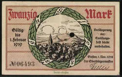 Notgeld Giessen 1918, 20 Mark, Ortsansicht gegen die Hügel, Wappen im Kranz