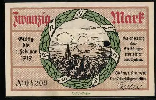 Notgeld Giessen 1918, 20 Mark, Ortsansicht gegen die Hügel im Kranz