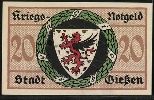 Notgeld Giessen 1918, 20 Mark, Ortsansicht gegen die Hügel im Kranz