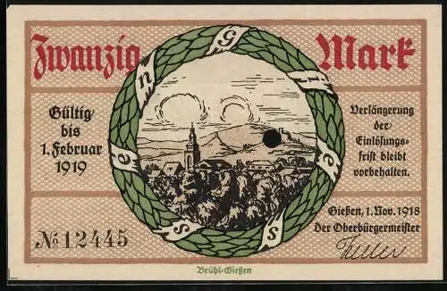 Notgeld Giessen 1918, 20 Mark, Ortsansicht gegen die Hügel und Wappen