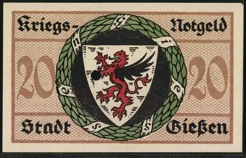 Notgeld Giessen 1918, 20 Mark, Ortsansicht gegen die Hügel und Wappen