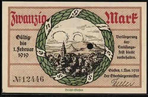 Notgeld Giessen 1918, 20 Mark, Ortsansicht mit Kirche gegen die Hügel