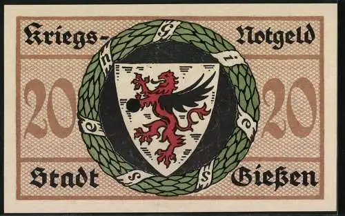 Notgeld Giessen 1918, 20 Mark, Ortsansicht mit Kirche gegen die Hügel