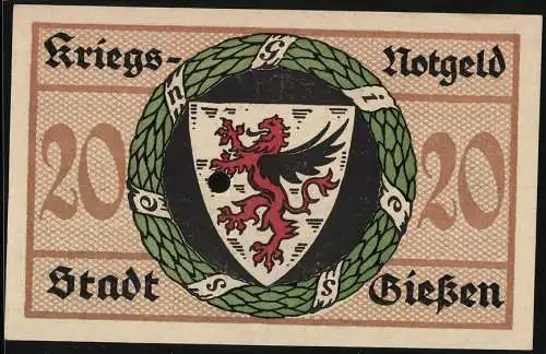 Notgeld Giessen 1918, 20 Mark, Ortsansicht mit Kirche gegen die Hügel, Wappen