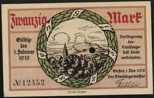 Notgeld Giessen 1918, 20 Mark, Ortsansicht mit Kirche gegen die Hügel, Wappen