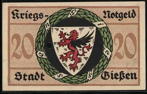 Notgeld Giessen 1918, 20 Mark, Ortsansicht mit Kirche gegen die Hügel im Kranz