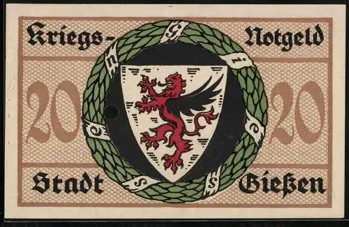 Notgeld Giessen 1918, 20 Mark, Ortsansicht mit Kirche gegen die Hügel im Kranz, Wappen