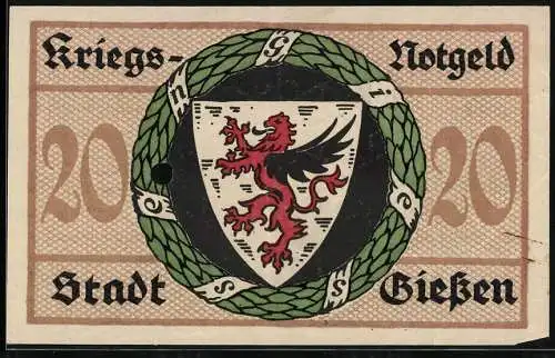 Notgeld Giessen 1918, 20 Mark, Ortsansicht mit Kirche gegen die Hügel, Wappen im Kranz