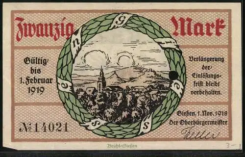 Notgeld Giessen 1918, 20 Mark, Ortsansicht mit Kirche gegen die Hügel, Wappen im Kranz