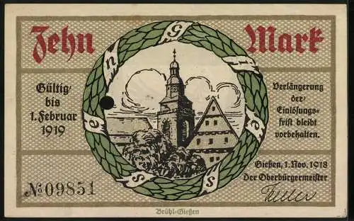 Notgeld Giessen 1918, 10 Mark, Wappen im Kranz, Ortspartie mit Kirchturm