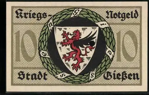 Notgeld Giessen 1918, 10 Mark, Wappen, Ortspartie mit Kirchturm