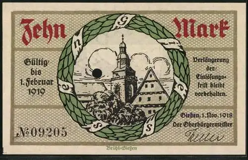 Notgeld Giessen 1918, 10 Mark, Wappen, Ortspartie mit Kirchturm