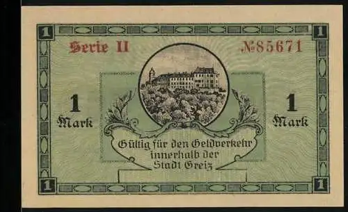 Notgeld Greiz 1918, 1 Mark, Blick auf das Schloss