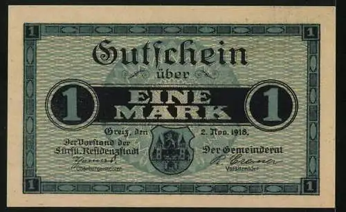 Notgeld Greiz 1918, 1 Mark, Blick auf das Schloss