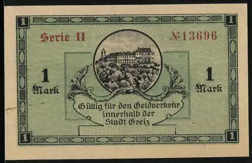 Notgeld Greiz 1918, 1 Mark, Ansicht des Schlosses