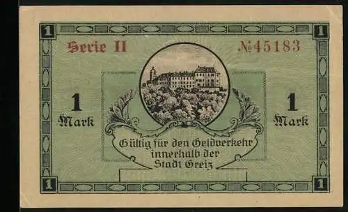 Notgeld Greiz 1918, 1 Mark, Schlosspanorama