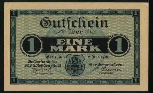 Notgeld Greiz 1918, 1 Mark, Schlosspanorama