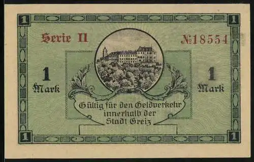 Notgeld Greiz 1918, 1 Mark, Anblick des Schlosses