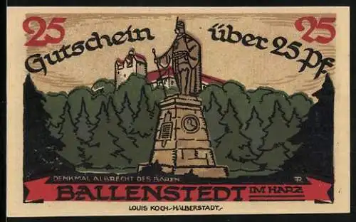 Notgeld Ballenstedt im Harz 1921, 25 Pfennig, Denkmal von Albrecht dem Bären