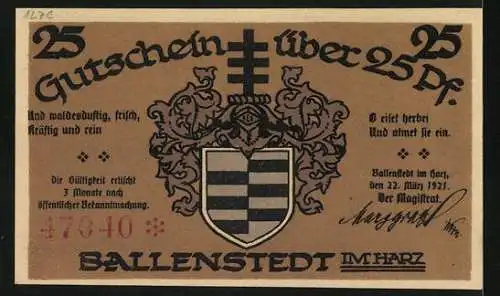 Notgeld Ballenstedt im Harz 1921, 25 Pfennig, Denkmal von Albrecht dem Bären
