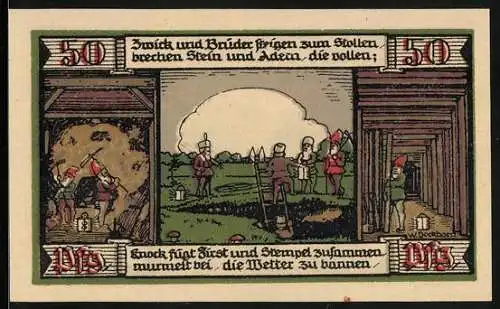 Notgeld Ballenstedt im Harz 1921, 50 Pfennig, Zwergen-Bergmänner bei der Arbeit, Meiseberg