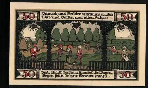 Notgeld Ballenstedt im Harz 1921, 50 Pfennig, Zwergen-Gärtner bei der Arbeit, Mägdesprung