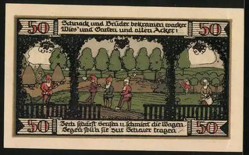 Notgeld Ballenstedt im Harz 1921, 50 Pfennig, Mägdesprung, Zwergen-Gärtner bei der Arbeit