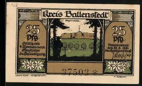 Notgeld Ballenstedt im Harz 1921, 25 Pfennig, Zwerge tischlern in der Stadt, Ruine Gegenstein