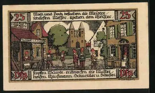 Notgeld Ballenstedt im Harz 1921, 25 Pfennig, Zwerge tischlern in der Stadt, Ruine Gegenstein