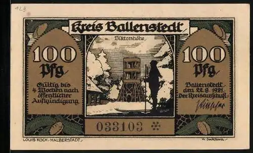 Notgeld Ballenstedt im Harz 1921, 100 Pfennig, Aussichtsturm auf der Viktorshöhe, Zwergkönig Muck