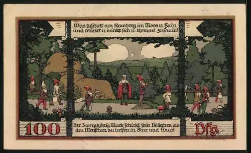 Notgeld Ballenstedt im Harz 1921, 100 Pfennig, Aussichtsturm auf der Viktorshöhe, Zwergkönig Muck